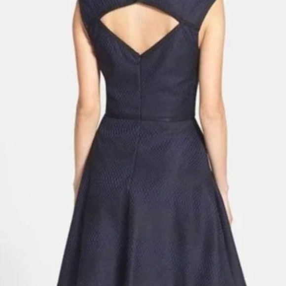 Trina Turk Navy Blue Fit and Flare Dress Cutout Back - Picture 2 of 5